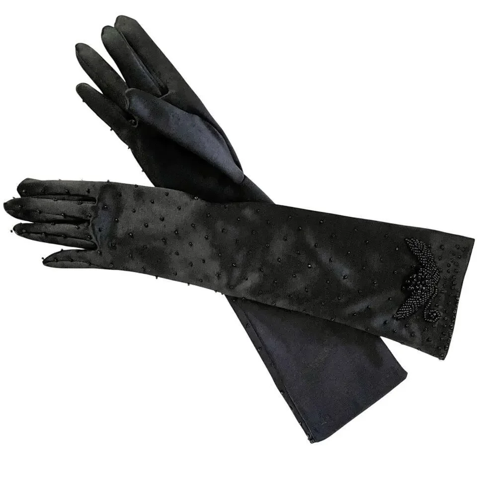 Vintage Beaded Black Satin Upper Forearm Long Formal Evening Gloves Size S/M